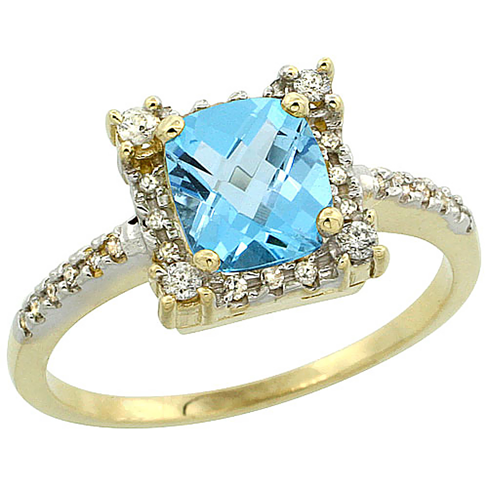 14K Yellow Gold Natural Swiss Blue Topaz Ring Cushion-cut 6x6mm Diamond Halo, sizes 5-10