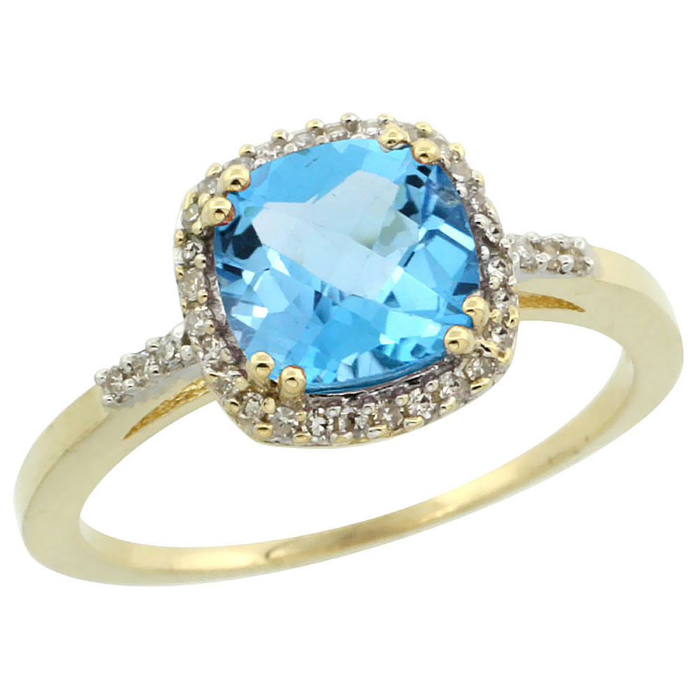 14K Yellow Gold Diamond Natural Swiss Blue Topaz Ring Cushion-cut 7x7mm, sizes 5-10