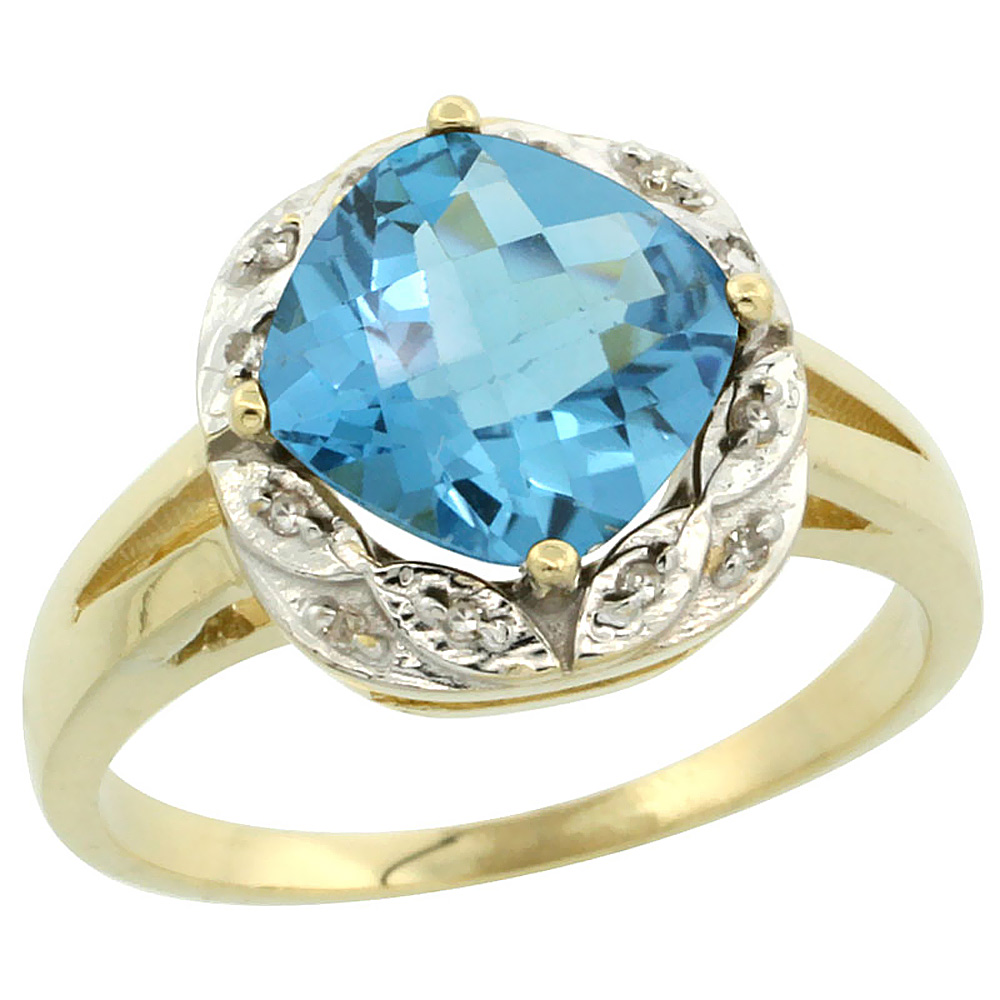 14K Yellow Gold Natural Swiss Blue Topaz Ring Cushion-cut 8x8mm Diamond Halo, sizes 5-10