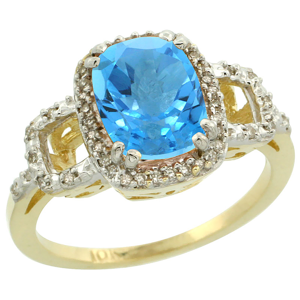 14K Yellow Gold Diamond Natural Swiss Blue Topaz Ring Cushion-cut 9x7mm, sizes 5-10