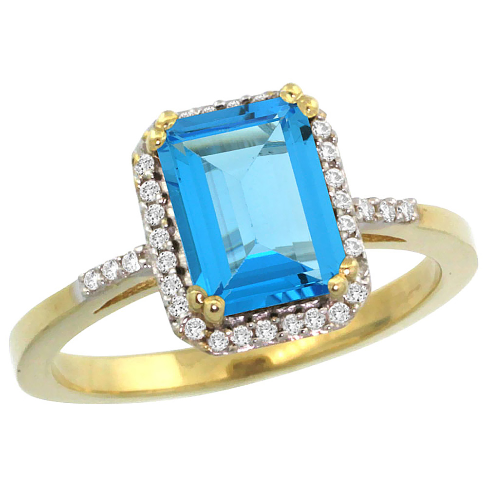 10K Yellow Gold Diamond Genuine Blue Topaz Ring Halo Emerald-cut 8x6mm sizes 5-10