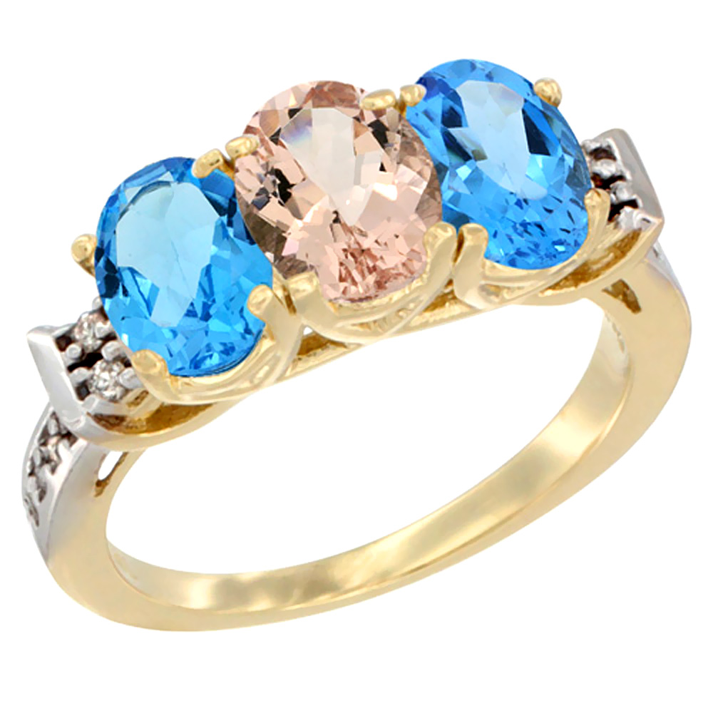 14K Yellow Gold Natural Morganite & Swiss Blue Topaz Sides Ring 3-Stone 7x5 mm Oval Diamond Accent, sizes 5 - 10