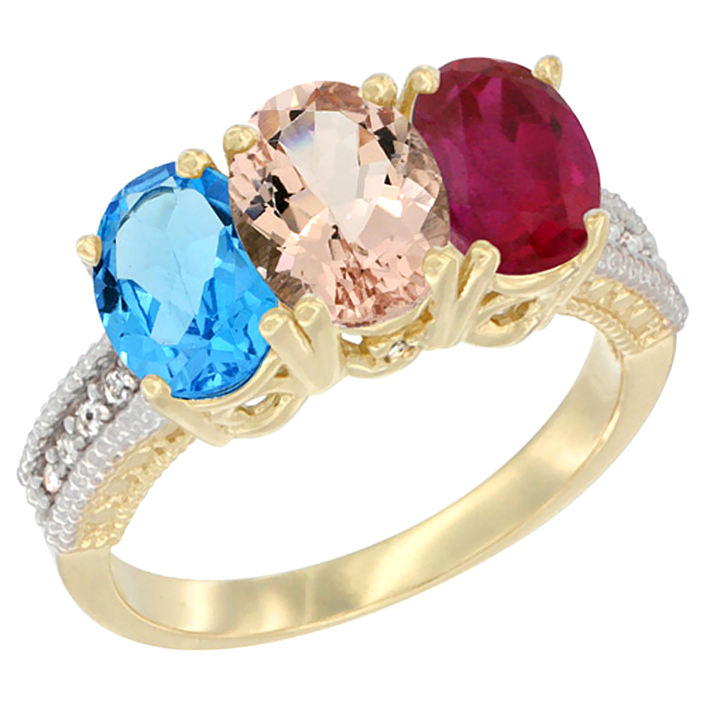 14K Yellow Gold Natural Swiss Blue Topaz, Morganite & Enhanced Ruby Ring 3-Stone 7x5 mm Oval Diamond Accent, sizes 5 - 10