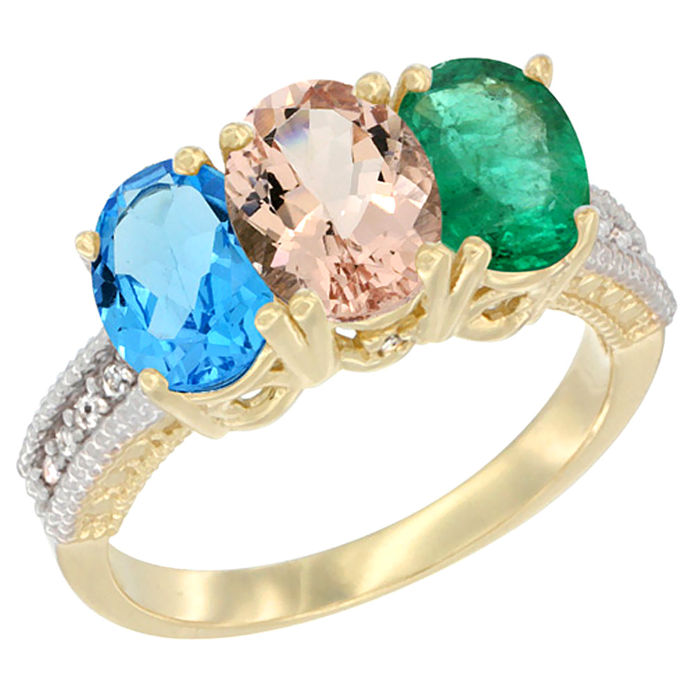 14K Yellow Gold Natural Swiss Blue Topaz, Morganite & Emerald Ring 3-Stone 7x5 mm Oval Diamond Accent, sizes 5 - 10