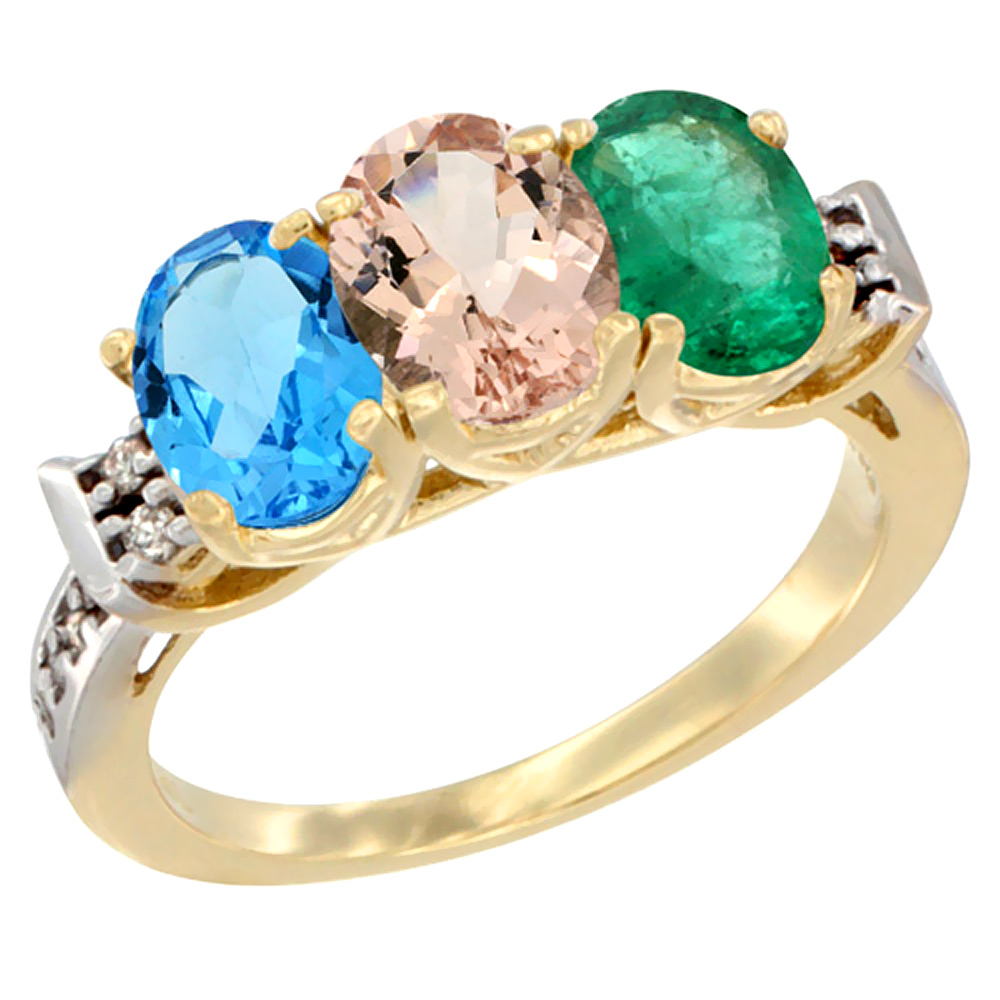 14K Yellow Gold Natural Swiss Blue Topaz, Morganite &amp; Emerald Ring 3-Stone 7x5 mm Oval Diamond Accent, sizes 5 - 10