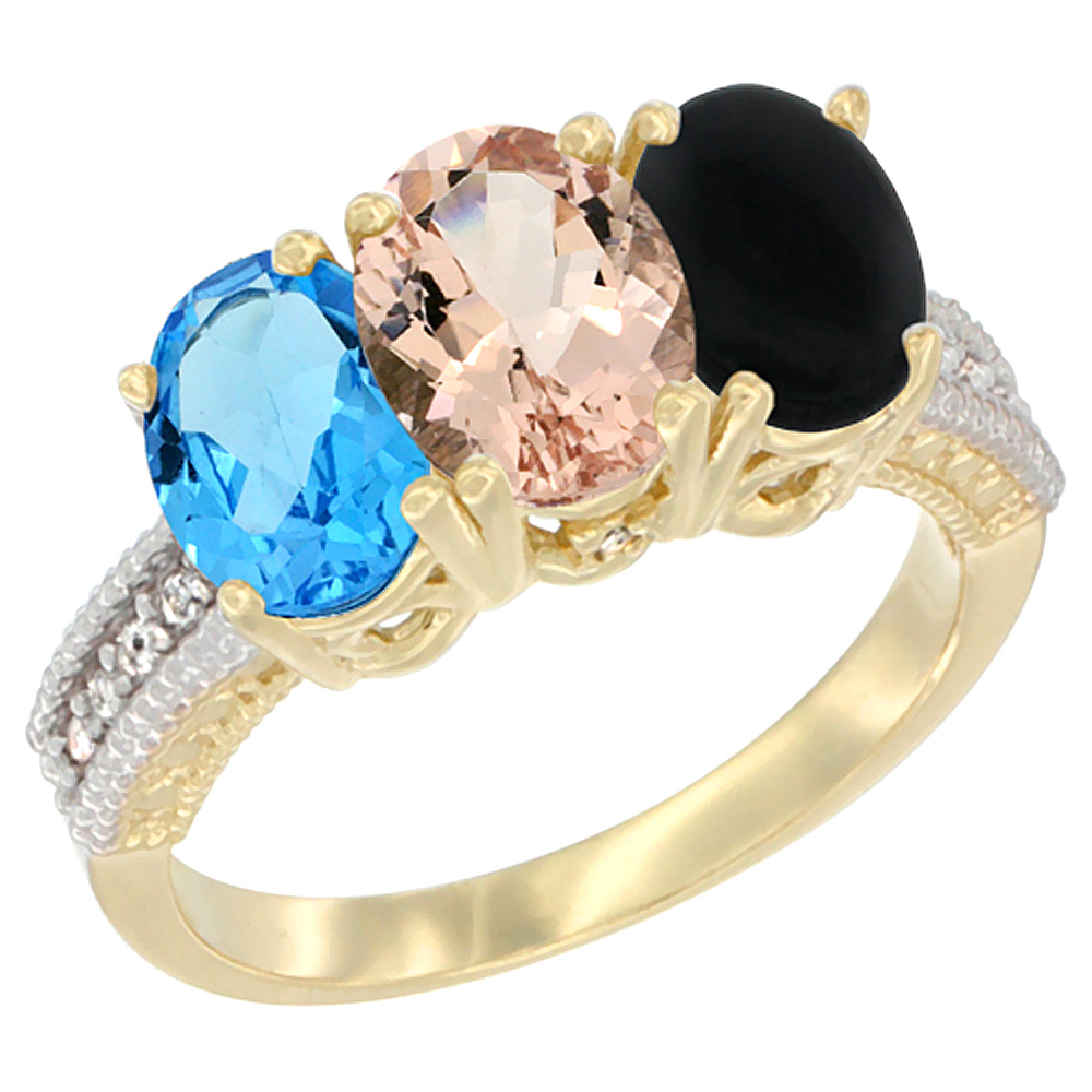 14K Yellow Gold Natural Swiss Blue Topaz, Morganite &amp; Black Onyx Ring 3-Stone 7x5 mm Oval Diamond Accent, sizes 5 - 10