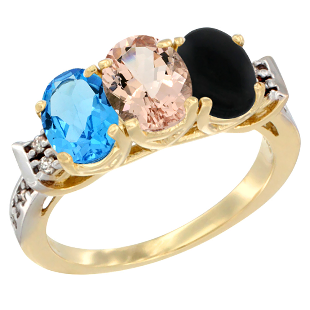 10K Yellow Gold Natural Swiss Blue Topaz, Morganite & Black Onyx Ring 3-Stone Oval 7x5 mm Diamond Accent, sizes 5 - 10