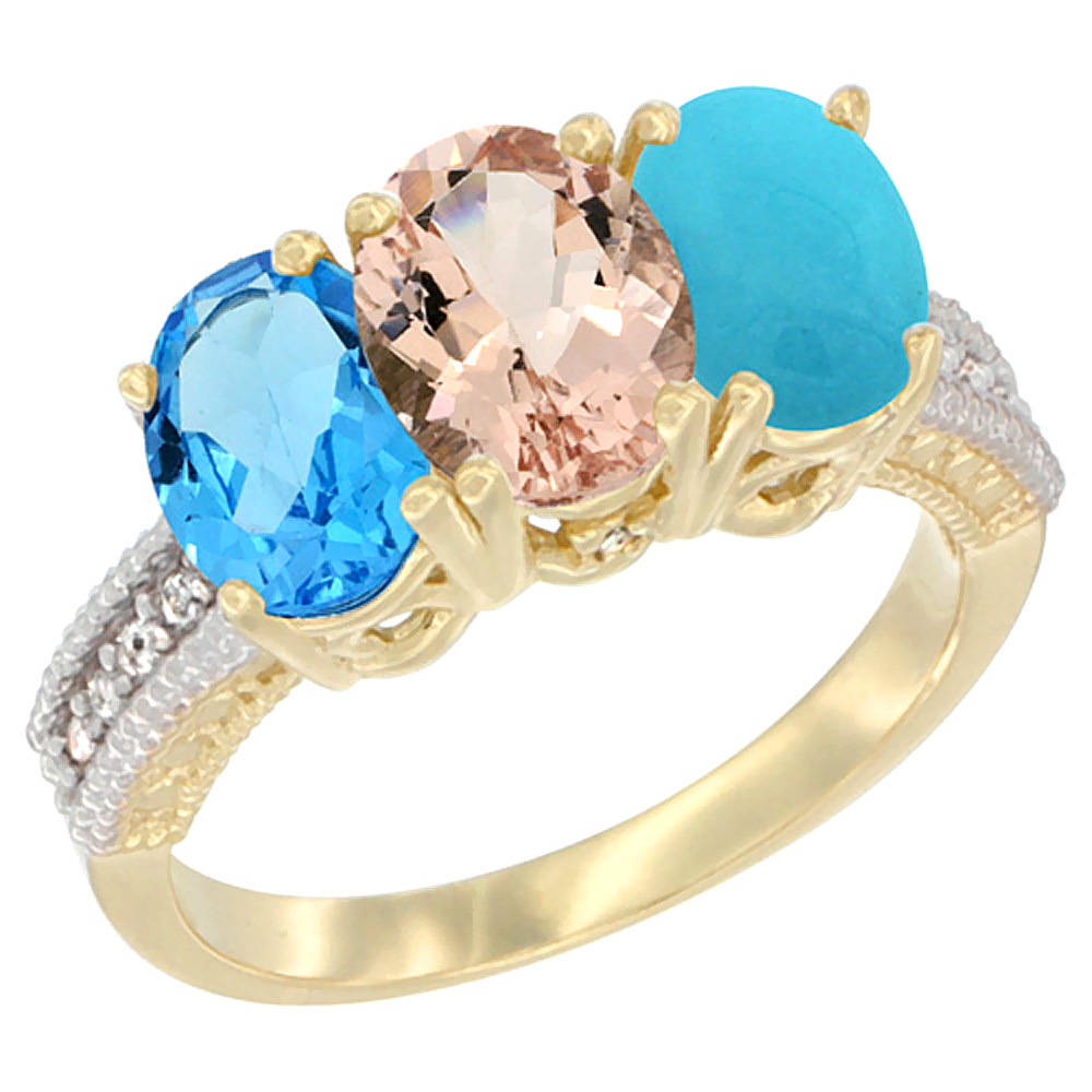 14K Yellow Gold Natural Swiss Blue Topaz, Morganite & Turquoise Ring 3-Stone 7x5 mm Oval Diamond Accent, sizes 5 - 10