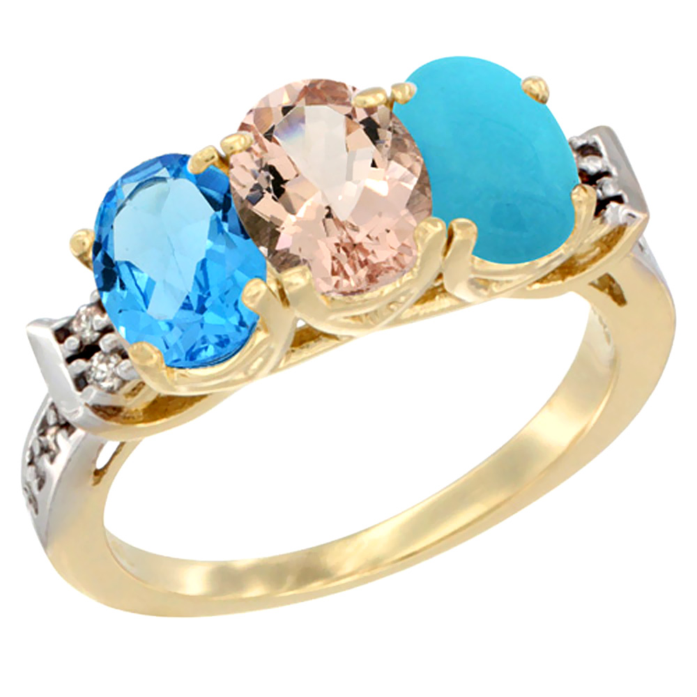 14K Yellow Gold Natural Swiss Blue Topaz, Morganite &amp; Turquoise Ring 3-Stone 7x5 mm Oval Diamond Accent, sizes 5 - 10