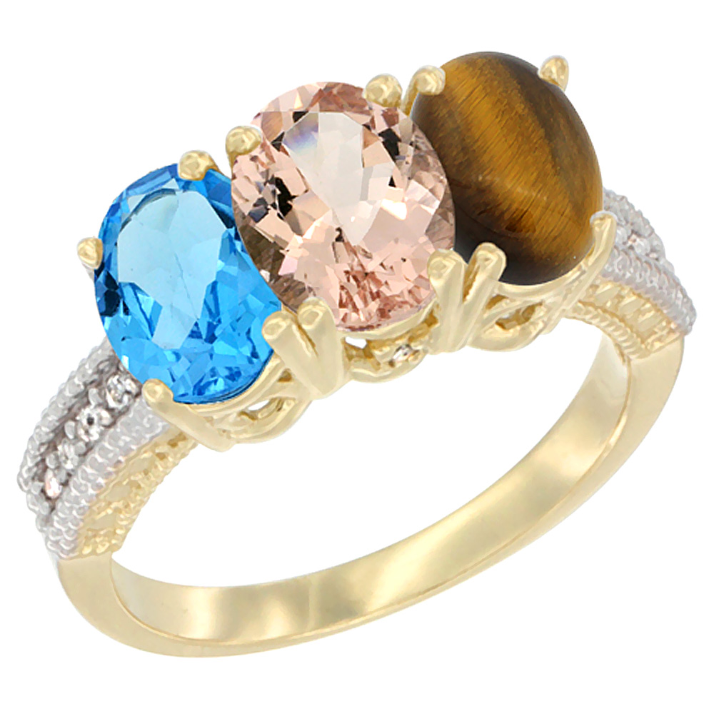 14K Yellow Gold Natural Swiss Blue Topaz, Morganite &amp; Tiger Eye Ring 3-Stone 7x5 mm Oval Diamond Accent, sizes 5 - 10