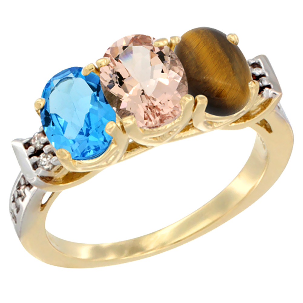 14K Yellow Gold Natural Swiss Blue Topaz, Morganite & Tiger Eye Ring 3-Stone 7x5 mm Oval Diamond Accent, sizes 5 - 10