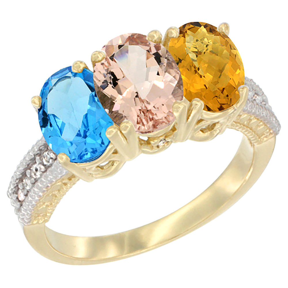 14K Yellow Gold Natural Swiss Blue Topaz, Morganite & Whisky Quartz Ring 3-Stone 7x5 mm Oval Diamond Accent, sizes 5 - 10