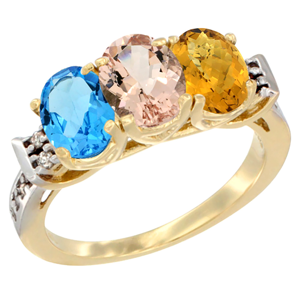 10K Yellow Gold Natural Swiss Blue Topaz, Morganite & Whisky Quartz Ring 3-Stone Oval 7x5 mm Diamond Accent, sizes 5 - 10