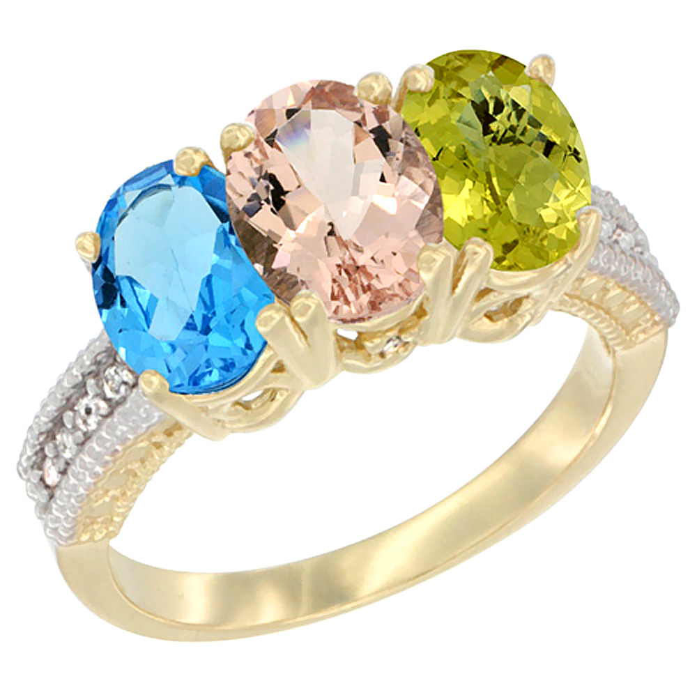 14K Yellow Gold Natural Swiss Blue Topaz, Morganite &amp; Lemon Quartz Ring 3-Stone 7x5 mm Oval Diamond Accent, sizes 5 - 10