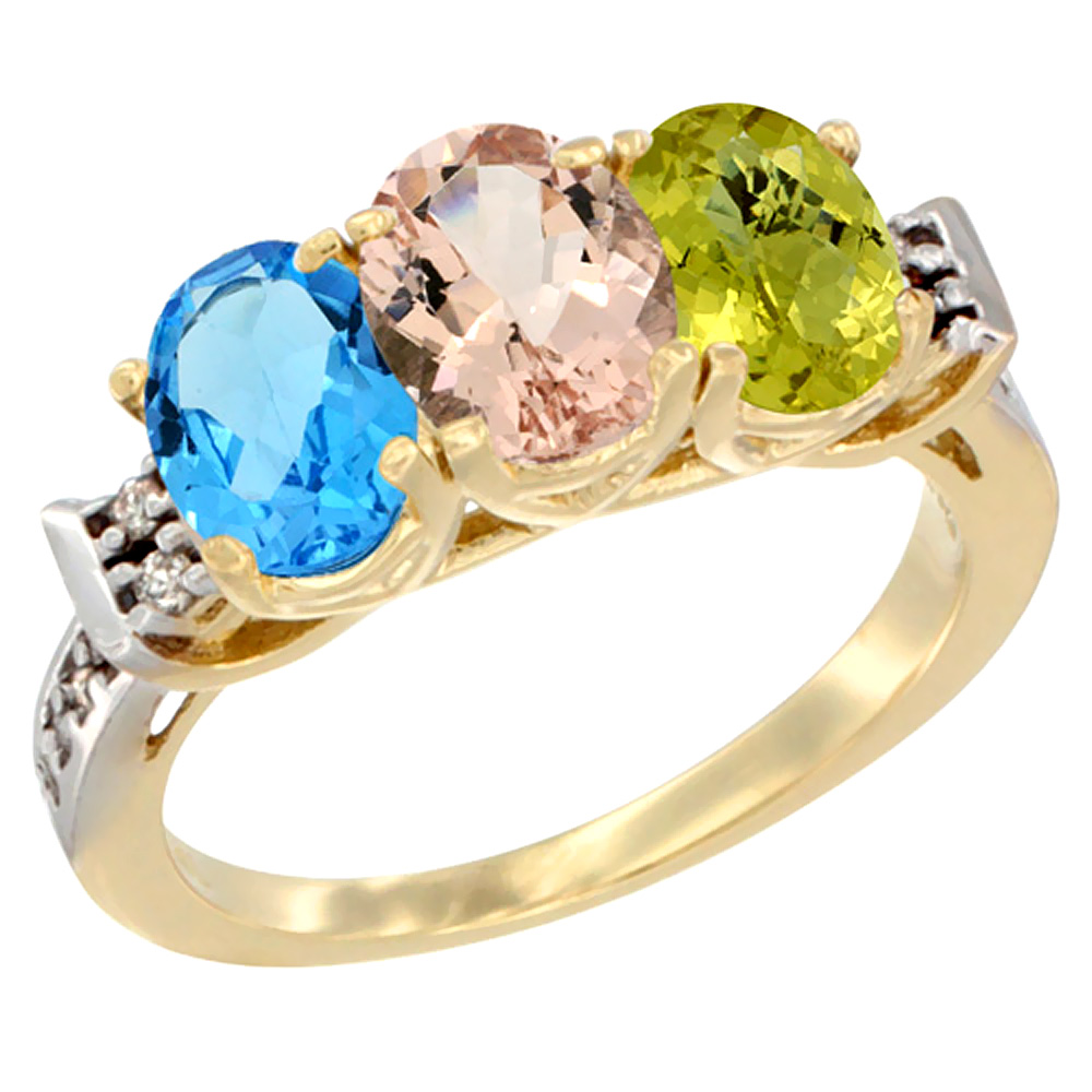 10K Yellow Gold Natural Swiss Blue Topaz, Morganite & Lemon Quartz Ring 3-Stone Oval 7x5 mm Diamond Accent, sizes 5 - 10