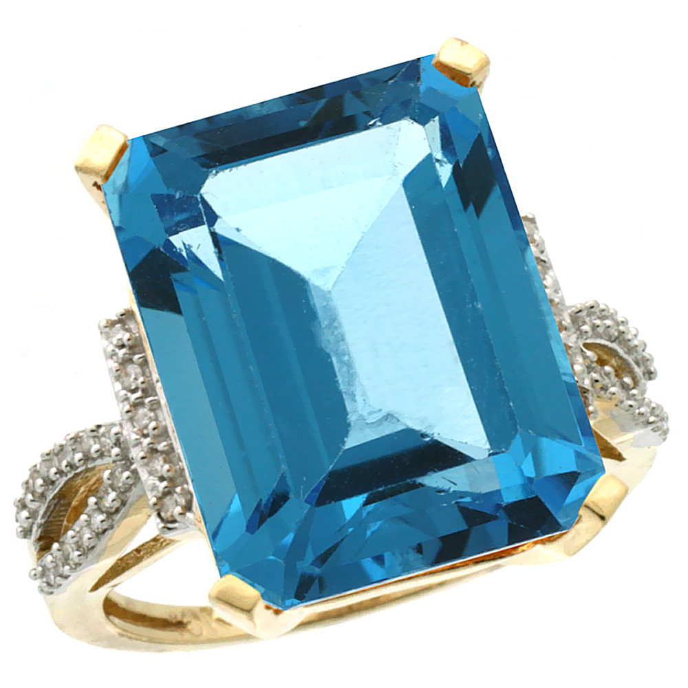 10K Yellow Gold Diamond Genuine Blue Topaz Ring Emerald-cut 16x12mm sizes 5-10