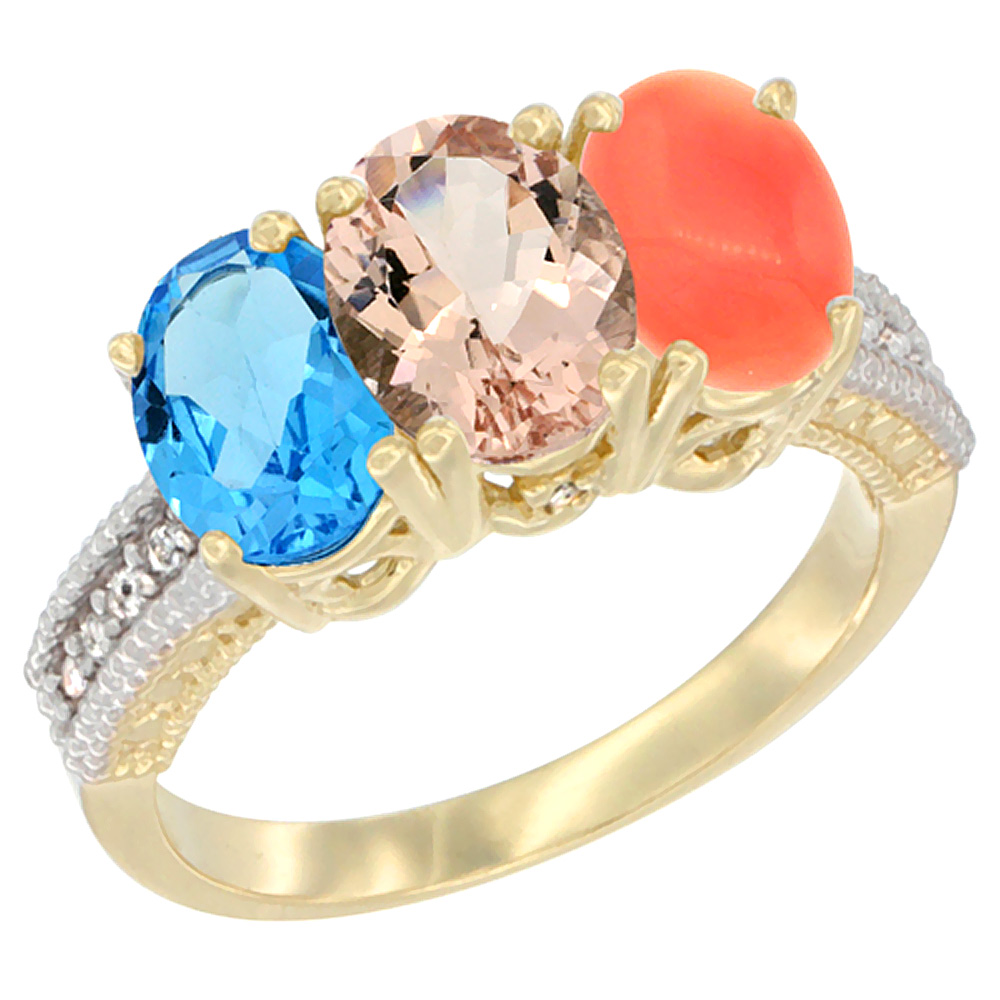 14K Yellow Gold Natural Swiss Blue Topaz, Morganite & Coral Ring 3-Stone 7x5 mm Oval Diamond Accent, sizes 5 - 10