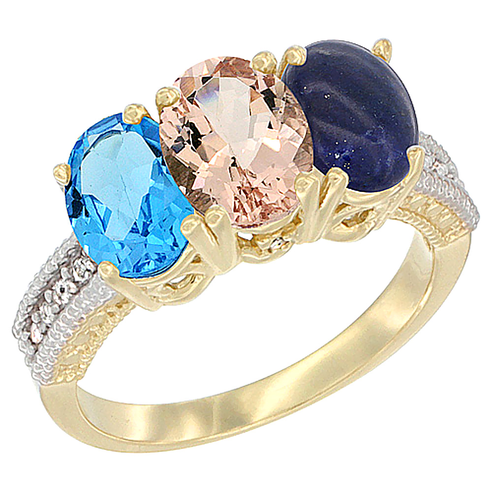 14K Yellow Gold Natural Swiss Blue Topaz, Morganite &amp; Lapis Ring 3-Stone 7x5 mm Oval Diamond Accent, sizes 5 - 10