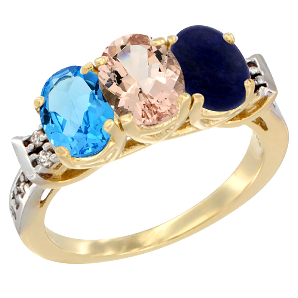 14K Yellow Gold Natural Swiss Blue Topaz, Morganite & Lapis Ring 3-Stone 7x5 mm Oval Diamond Accent, sizes 5 - 10