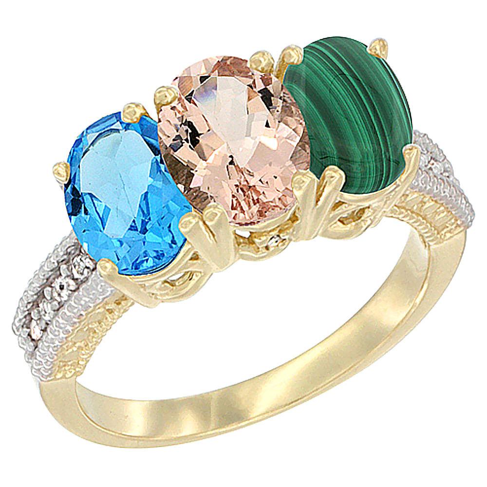 14K Yellow Gold Natural Swiss Blue Topaz, Morganite & Malachite Ring 3-Stone 7x5 mm Oval Diamond Accent, sizes 5 - 10