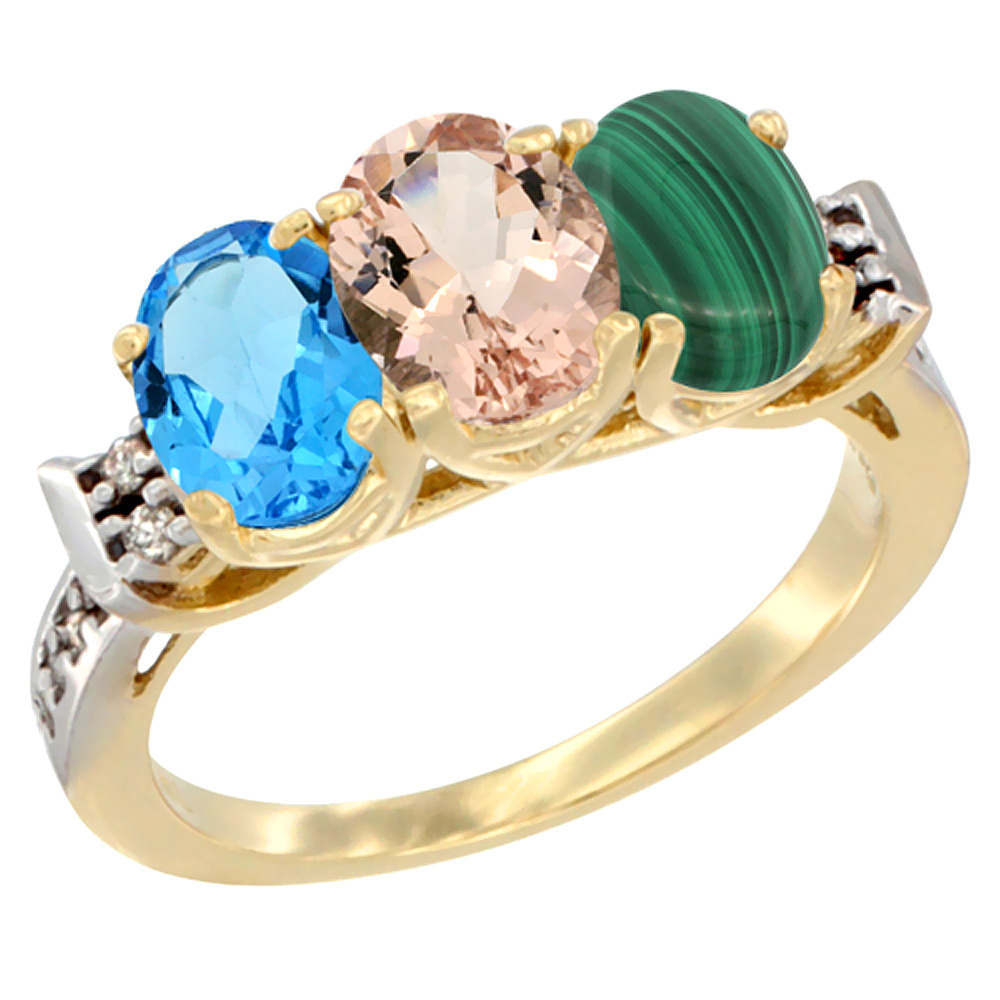 10K Yellow Gold Natural Swiss Blue Topaz, Morganite & Malachite Ring 3-Stone Oval 7x5 mm Diamond Accent, sizes 5 - 10