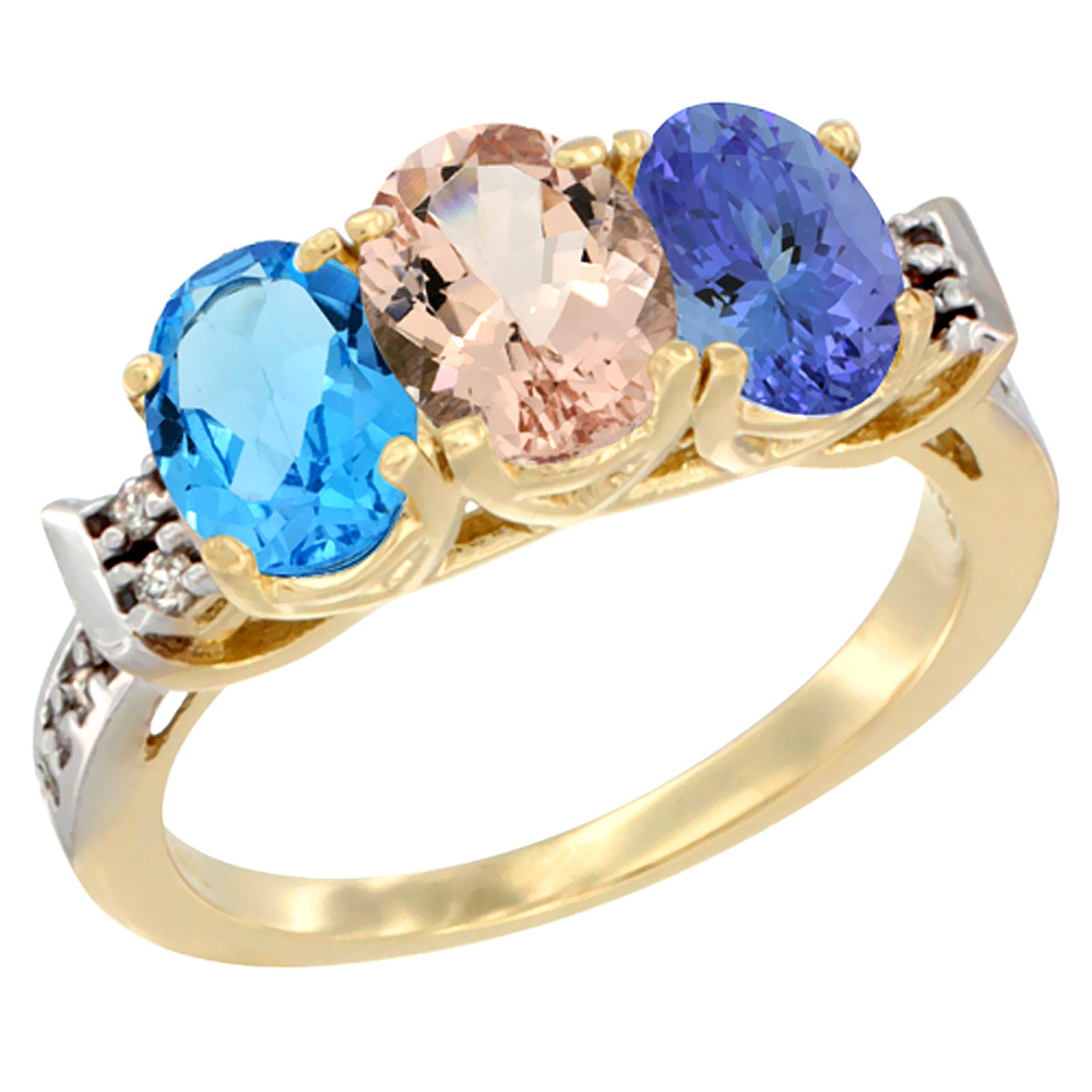 10K Yellow Gold Natural Swiss Blue Topaz, Morganite & Tanzanite Ring 3-Stone Oval 7x5 mm Diamond Accent, sizes 5 - 10