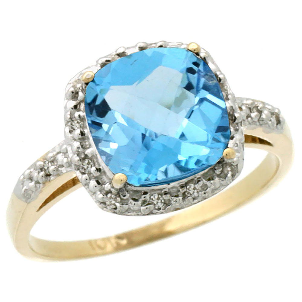 14K Yellow Gold Diamond Natural Swiss Blue Topaz Ring Cushion-cut 8x8 mm, sizes 5-10