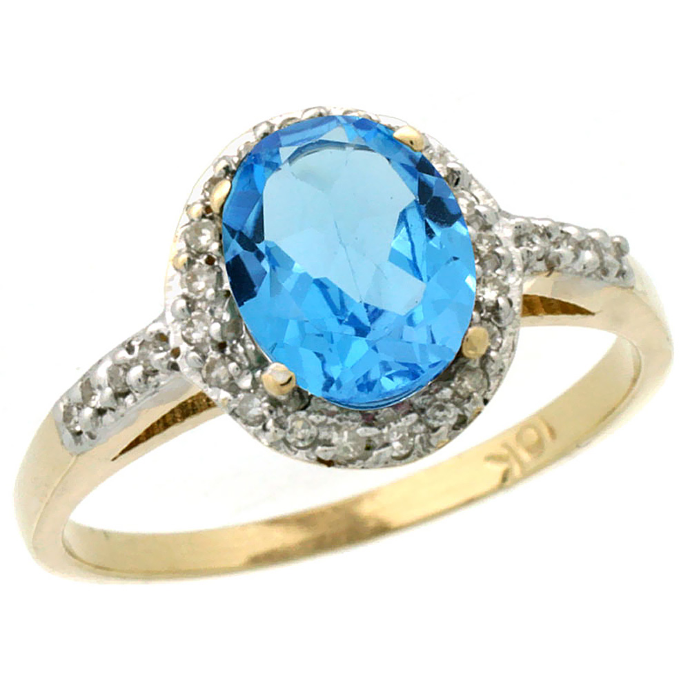 14K Yellow Gold Diamond Natural Swiss Blue Topaz Ring Oval 8x6mm, sizes 5-10