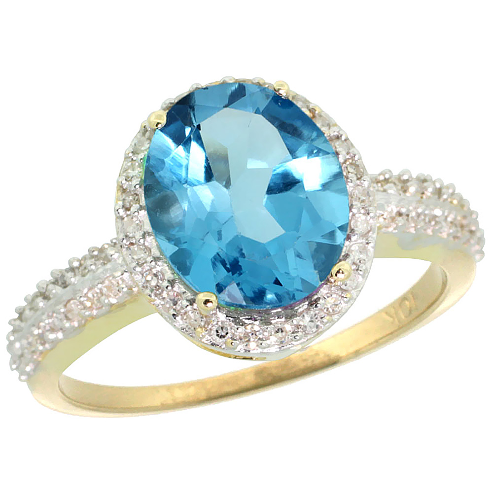 10K Yellow Gold Diamond Genuine Blue Topaz Engagement Ring Halo Oval 10x8mm sizes 5-10