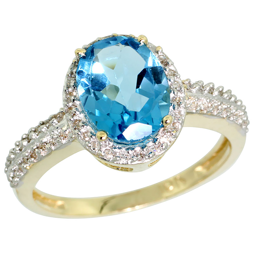 14K Yellow Gold Diamond Natural Swiss Blue Topaz Ring Oval 9x7mm, sizes 5-10