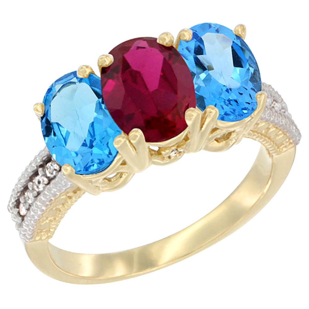 14K Yellow Gold Natural Enhanced Ruby & Natural Swiss Blue Topaz Sides Ring 3-Stone 7x5 mm Oval Diamond Accent, sizes 5 - 10