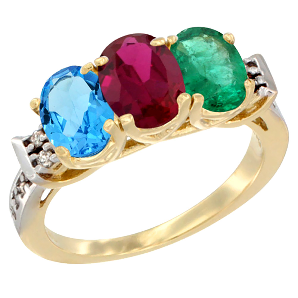 14K Yellow Gold Natural Swiss Blue Topaz, Enhanced Ruby & Natural Emerald Ring 3-Stone 7x5 mm Oval Diamond Accent, sizes 5 - 10