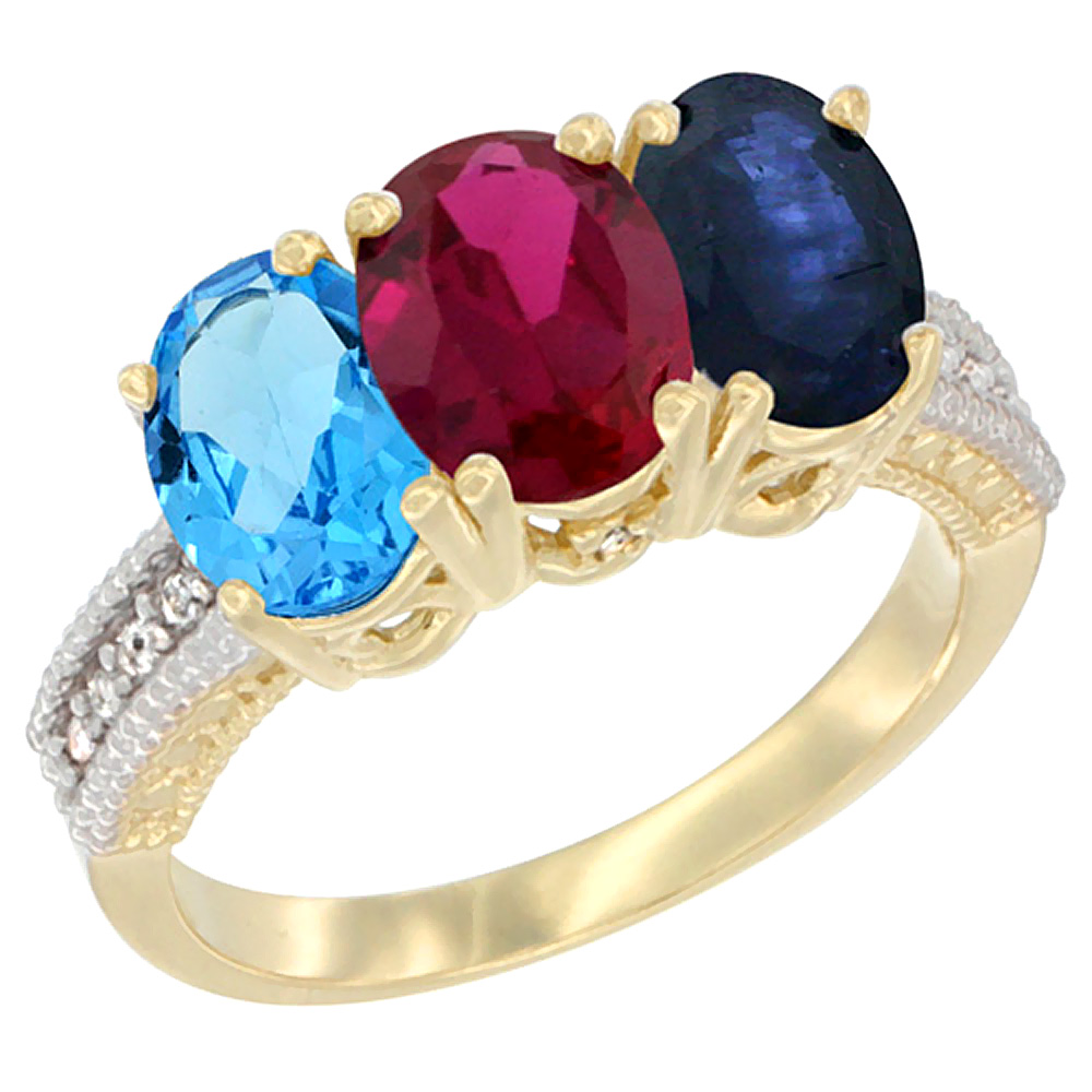 14K Yellow Gold Natural Swiss Blue Topaz, Enhanced Ruby & Natural Blue Sapphire Ring 3-Stone 7x5 mm Oval Diamond Accent, sizes 5 - 10