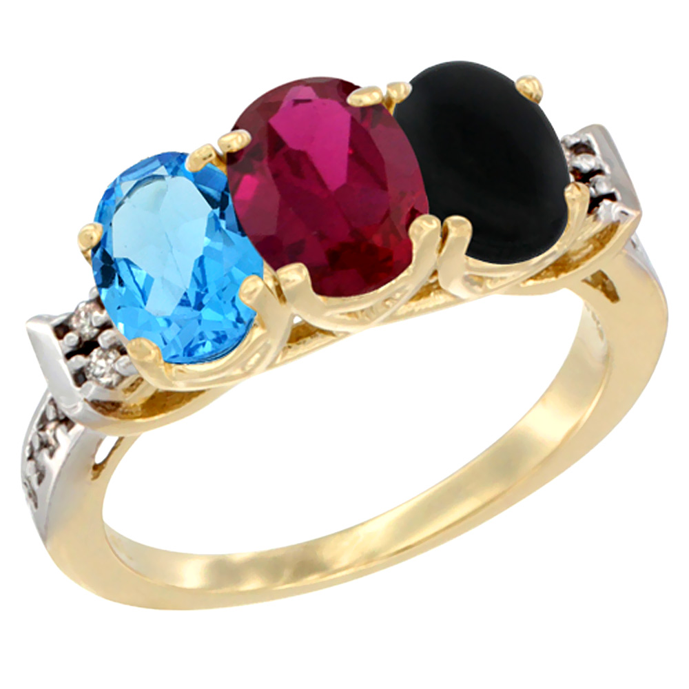 14K Yellow Gold Natural Swiss Blue Topaz, Enhanced Ruby & Natural Black Onyx Ring 3-Stone 7x5 mm Oval Diamond Accent, sizes 5 - 10