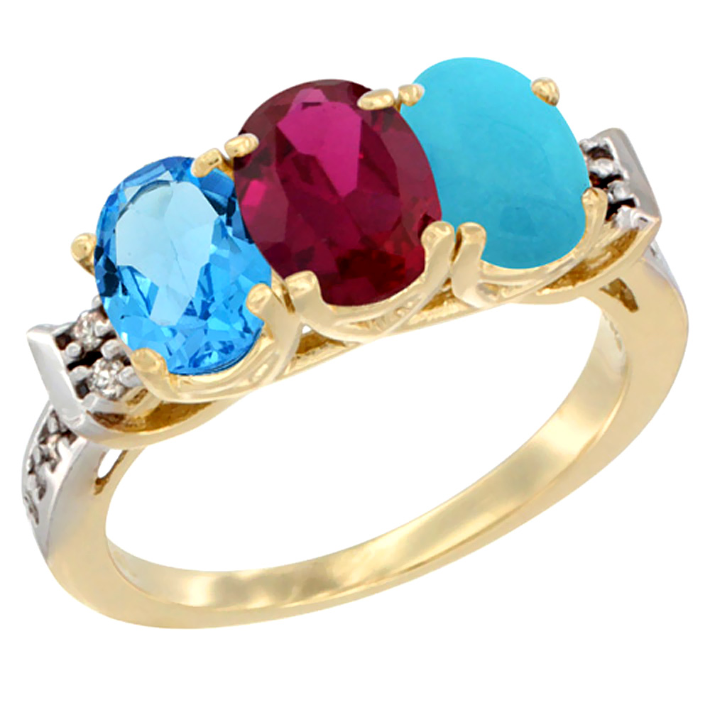 14K Yellow Gold Natural Swiss Blue Topaz, Enhanced Ruby & Natural Turquoise Ring 3-Stone 7x5 mm Oval Diamond Accent, sizes 5 - 10