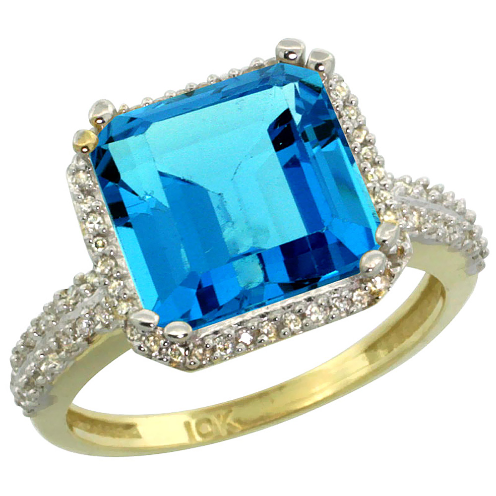 10k Yellow Gold Genuine Blue Topaz Ring Cushion-cut 11x11mm Diamond Halo sizes 5-10