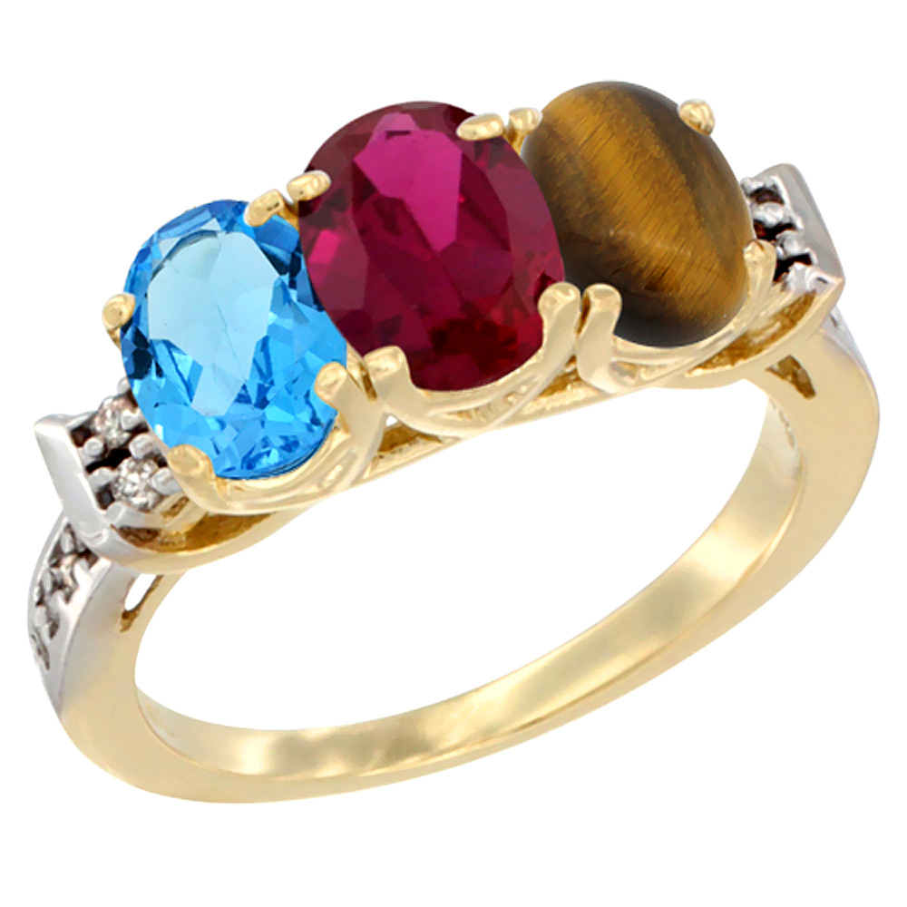 14K Yellow Gold Natural Swiss Blue Topaz, Enhanced Ruby &amp; Natural Tiger Eye Ring 3-Stone 7x5 mm Oval Diamond Accent, sizes 5 - 10