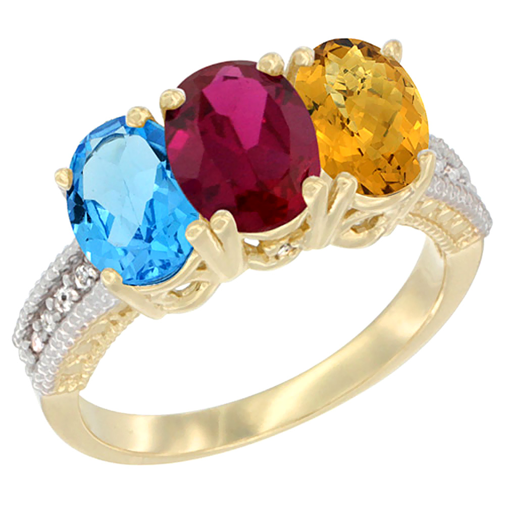 10K Yellow Gold Diamond Natural Swiss Blue Topaz, Enhanced Ruby & Natural Whisky Quartz Ring 3-Stone Oval 7x5 mm, sizes 5 - 10