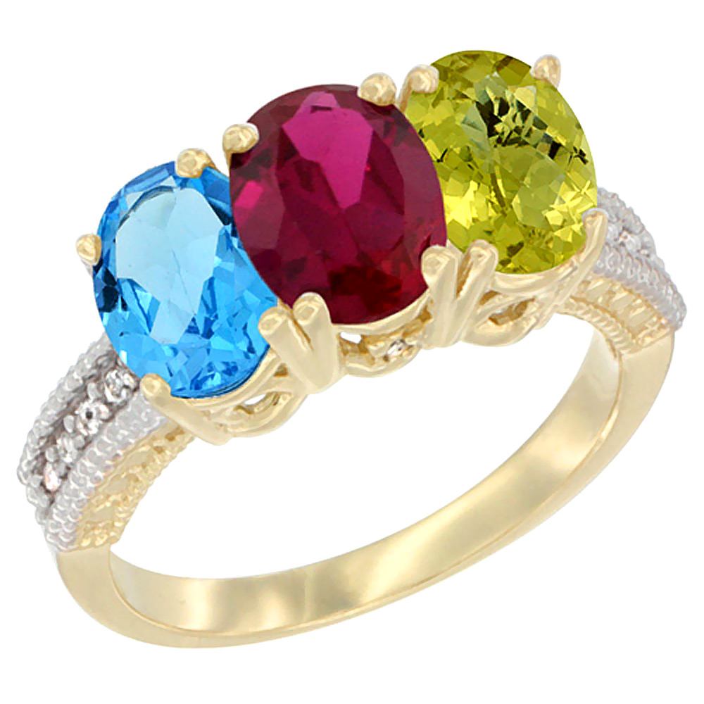 14K Yellow Gold Natural Swiss Blue Topaz, Enhanced Ruby &amp; Natural Lemon Quartz Ring 3-Stone 7x5 mm Oval Diamond Accent, sizes 5 - 10