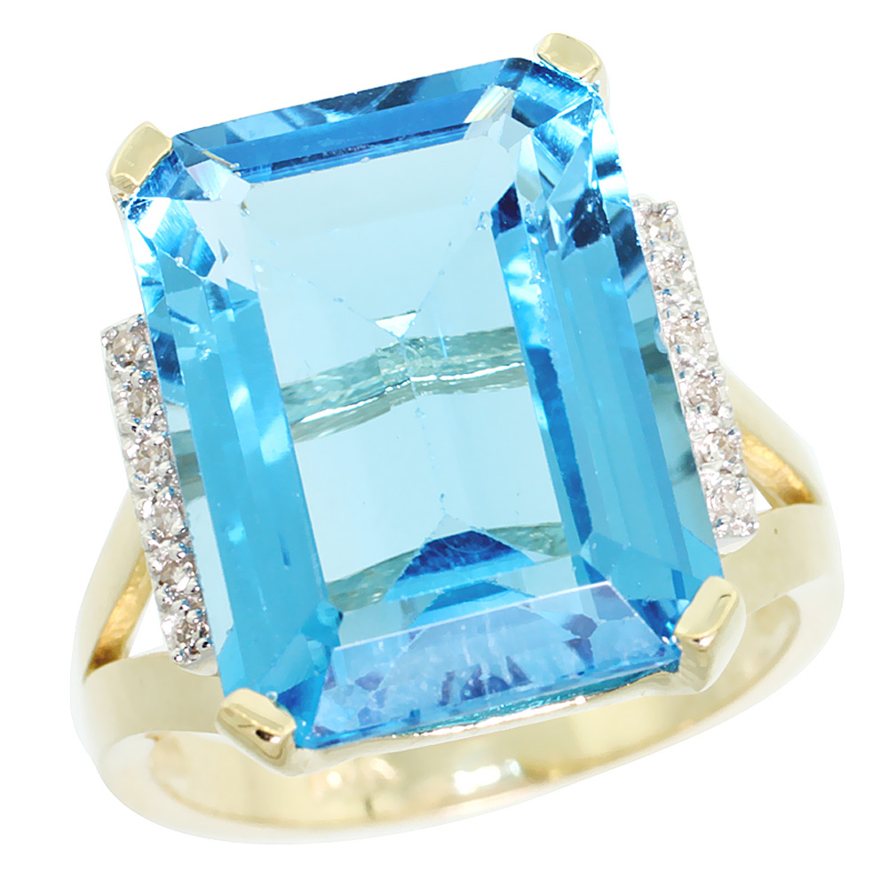 14K Yellow Gold Diamond Natural Swiss Blue Topaz Ring Emerald-cut 16x12mm, sizes 5-10