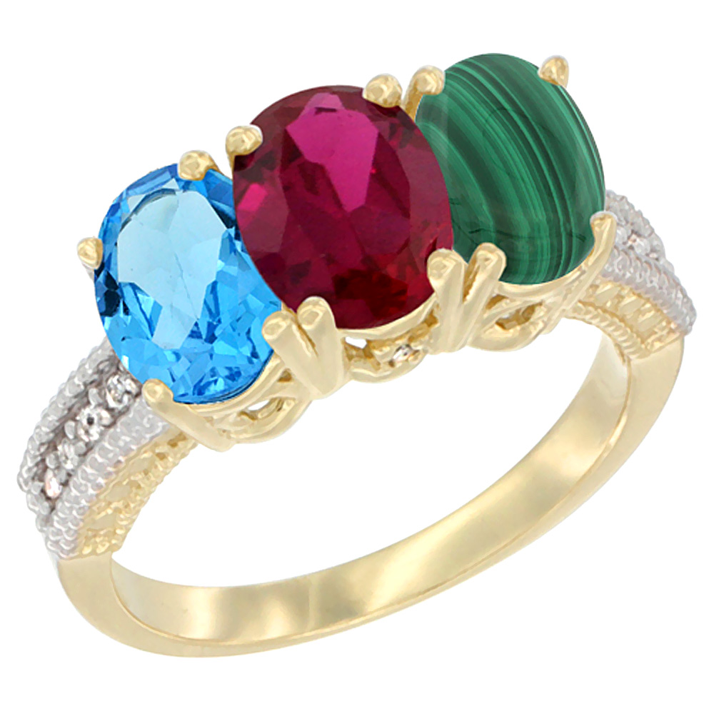 10K Yellow Gold Diamond Natural Swiss Blue Topaz, Enhanced Ruby & Natural Malachite Ring 3-Stone Oval 7x5 mm, sizes 5 - 10