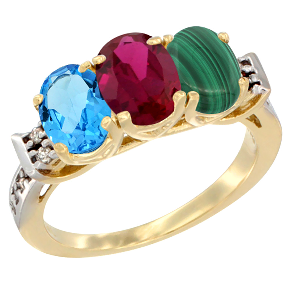 10K Yellow Gold Natural Swiss Blue Topaz, Enhanced Ruby &amp; Natural Malachite Ring 3-Stone Oval 7x5 mm Diamond Accent, sizes 5 - 10