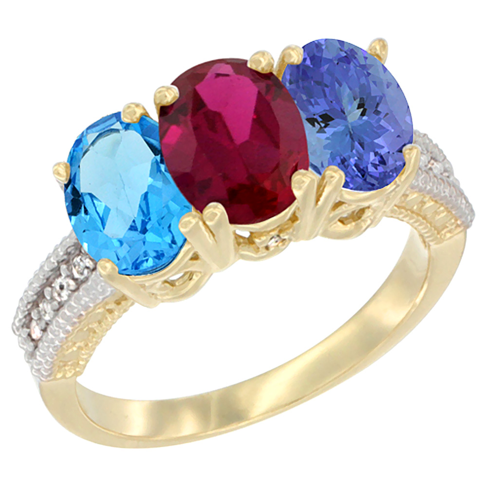 10K Yellow Gold Diamond Natural Swiss Blue Topaz, Enhanced Ruby & Natural Tanzanite Ring 3-Stone Oval 7x5 mm, sizes 5 - 10