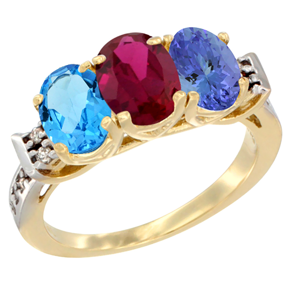 14K Yellow Gold Natural Swiss Blue Topaz, Enhanced Ruby & Natural Tanzanite Ring 3-Stone 7x5 mm Oval Diamond Accent, sizes 5 - 10