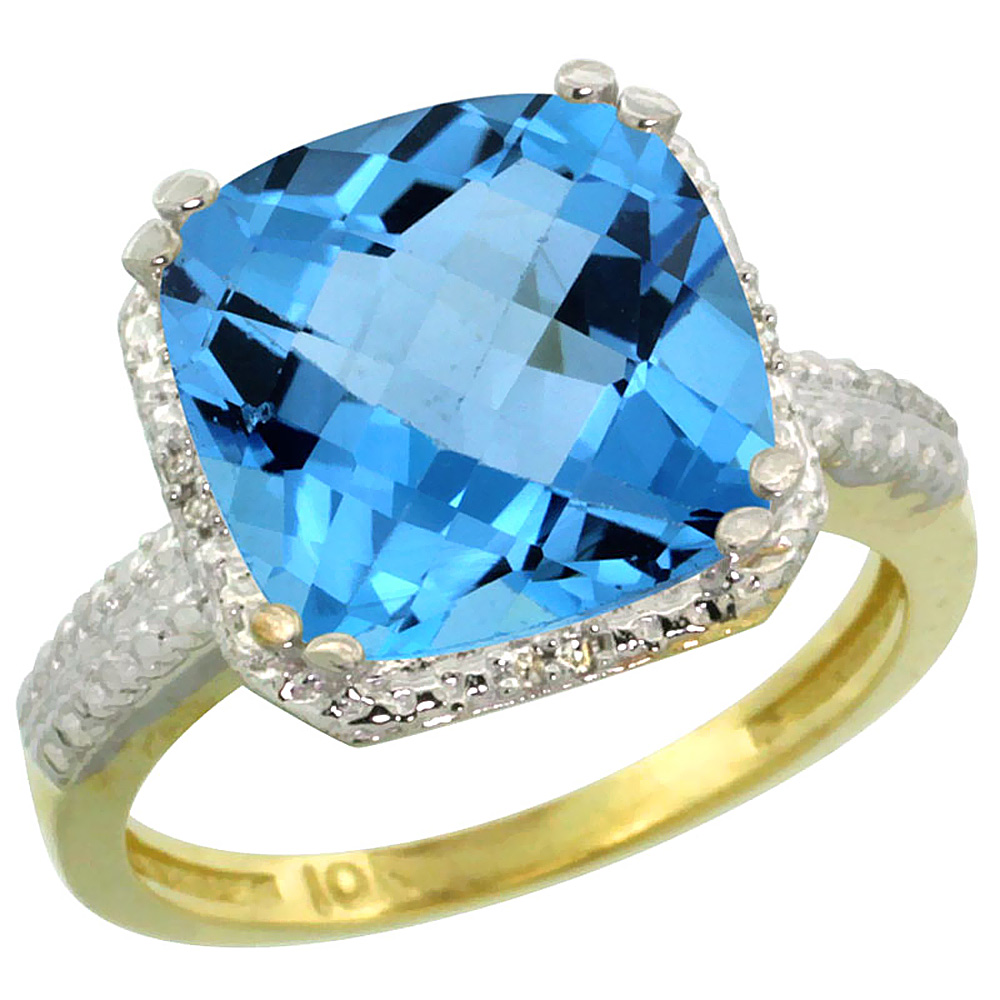 14K Yellow Gold Diamond Natural Swiss Blue Topaz Ring Cushion-cut 11x11mm, sizes 5-10