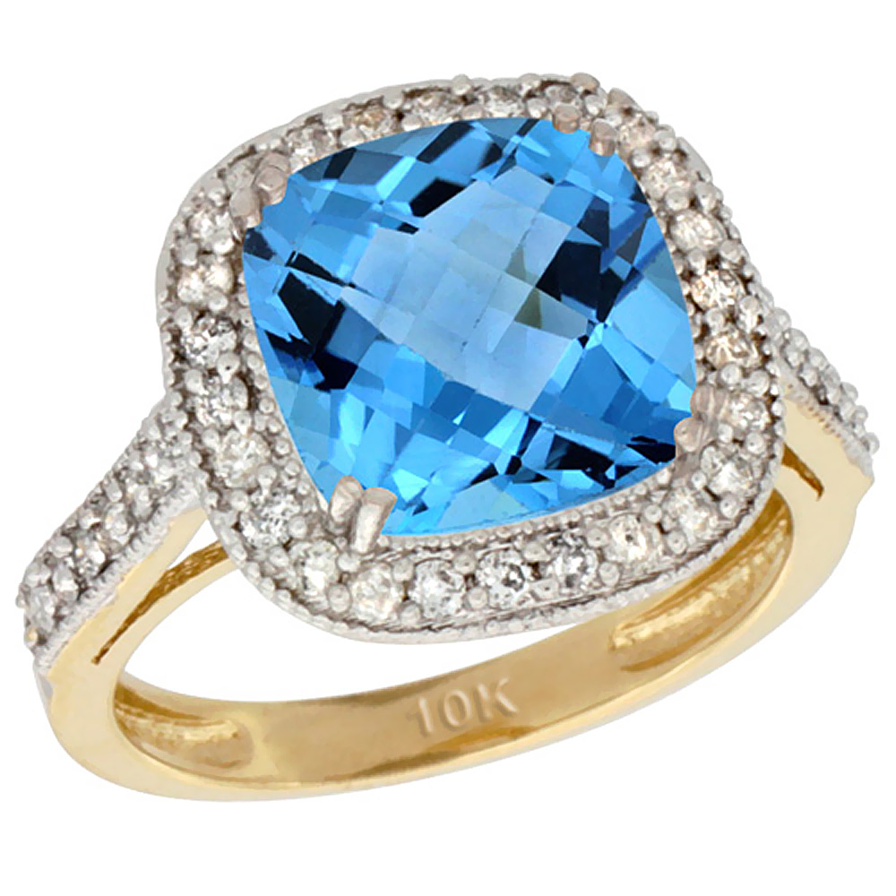 14K Yellow Gold Natural Swiss Blue Topaz Ring Cushion-cut 9x9mm Diamond Halo, sizes 5-10