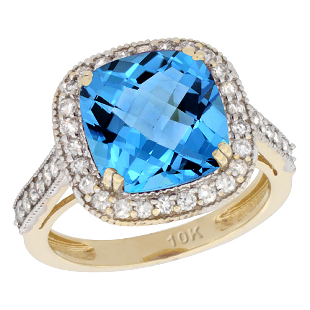 14K Yellow Gold Natural Swiss Blue Topaz Ring Cushion-cut 10x10mm Diamond Halo, sizes 5-10