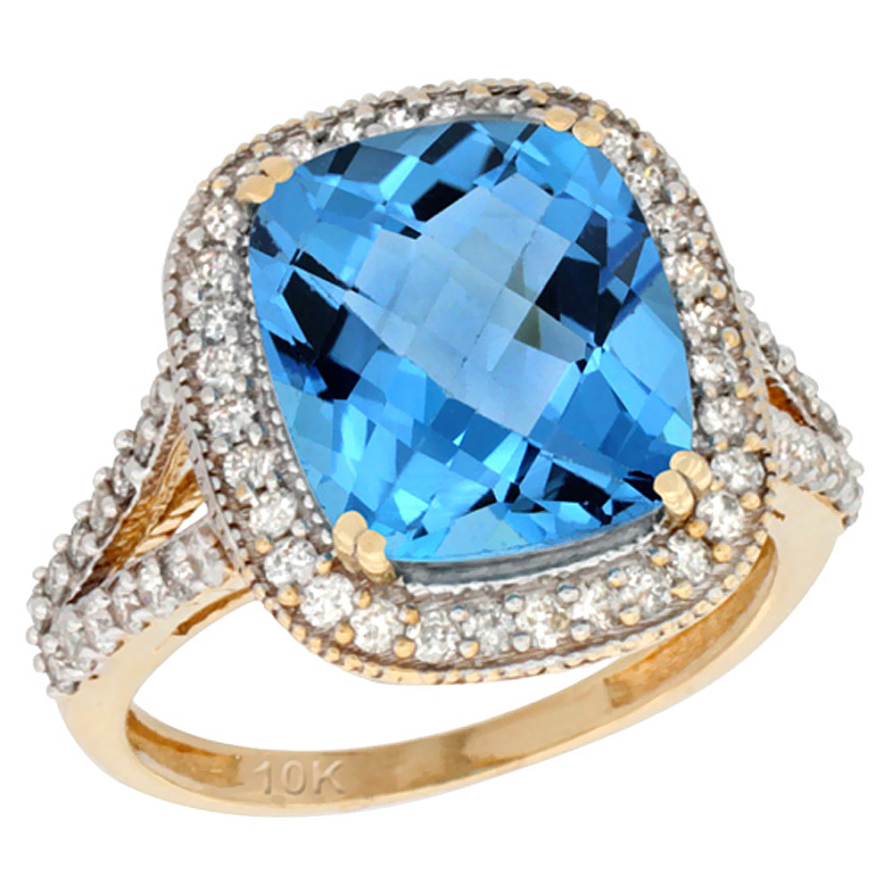 10k Yellow Gold Genuine Blue Topaz Ring Cushion-cut 12x10mm Diamond Halo sizes 5-10