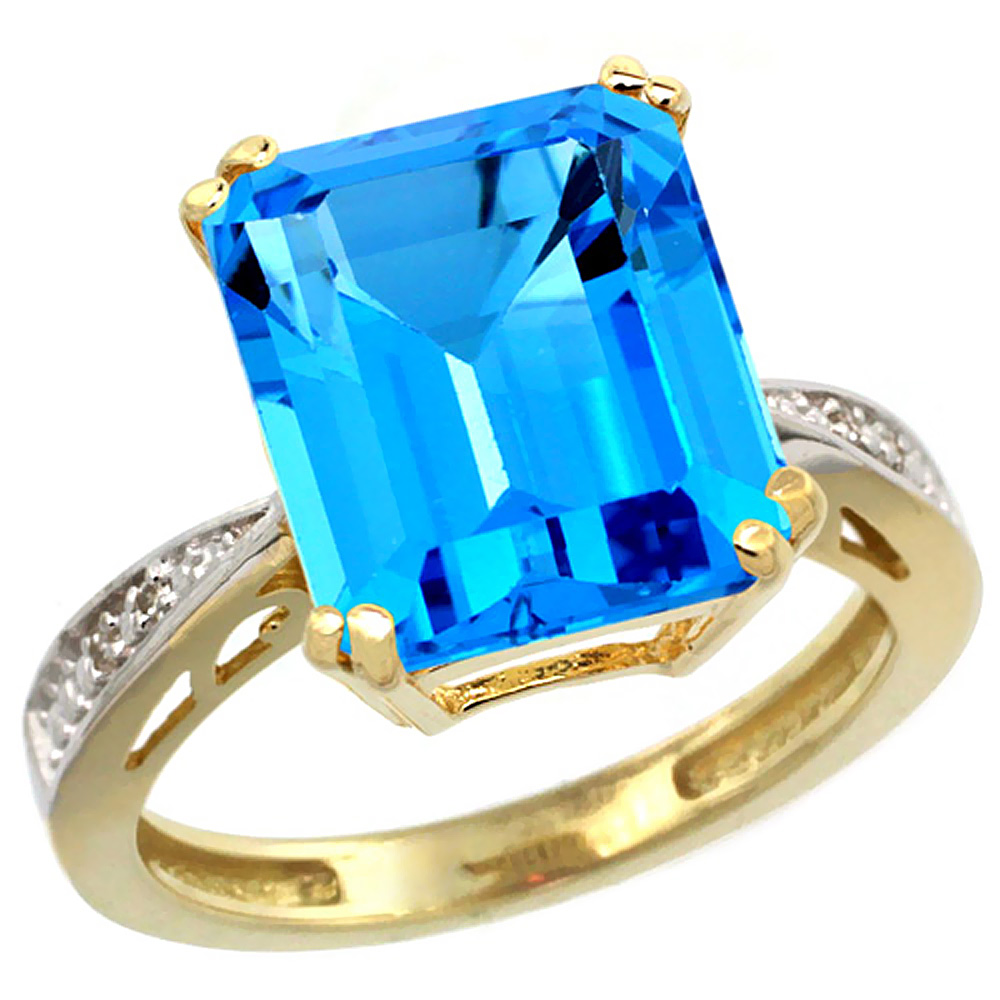 14K Yellow Gold Diamond Natural Swiss Blue Topaz Ring Emerald-cut 12x10mm, sizes 5-10