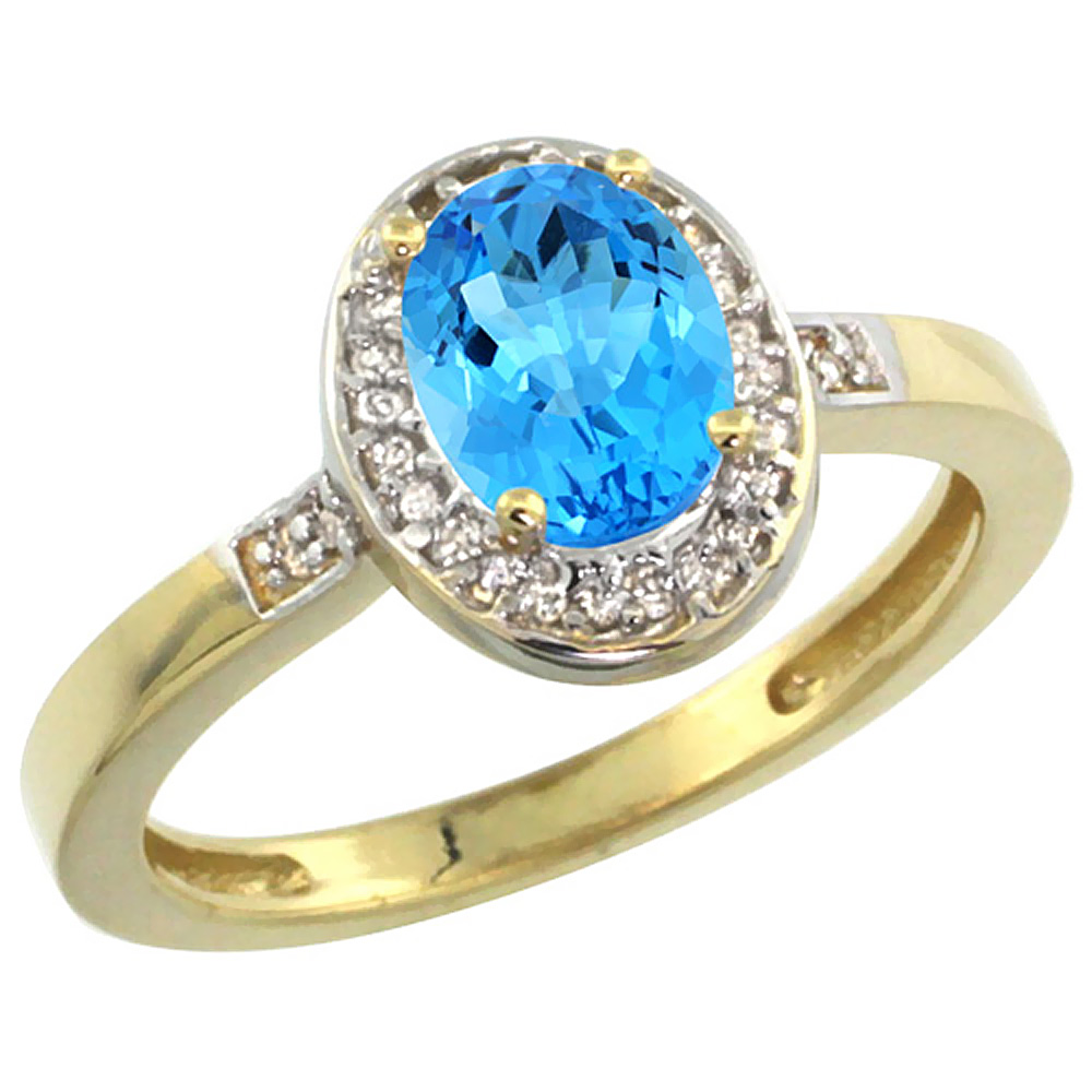 14K Yellow Gold Diamond Natural Swiss Blue Topaz Engagement Ring Oval 7x5mm, sizes 5-10